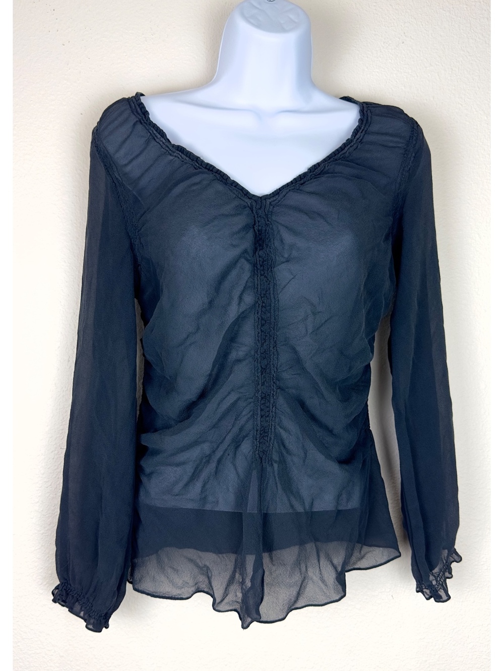Kenneth Cole New York Womens 6 Black 100% Silk Sheer Blouse Ruched Y2K
